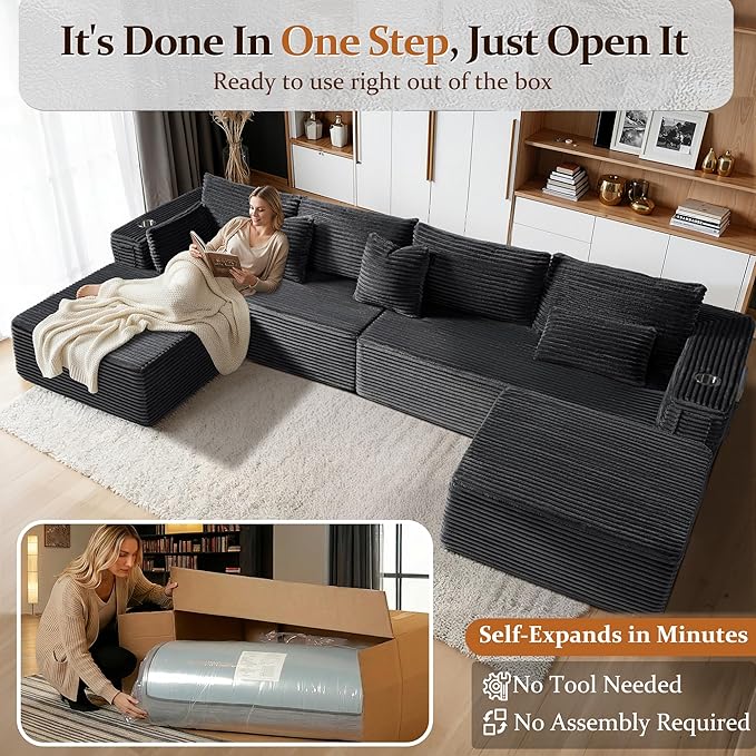138" Oversized Cloud Sectional Couch, Comfort U Shaped Boneless Couch