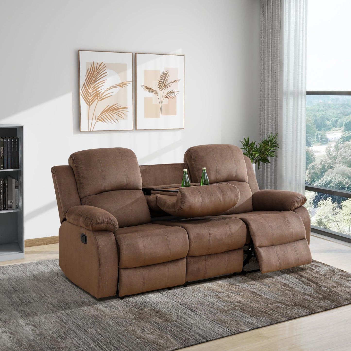 Manual Reclining Sofa Set, 3-Piece Brown Corduroy Recliner with Drop-Down Table & Storage Console, Cozy Living Room Furniture with Cup Holder for Home, Apartment