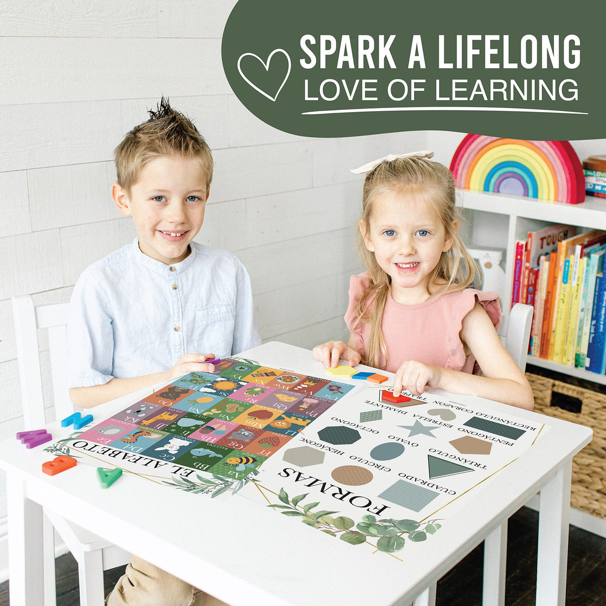 Hadley Designs Spanish Posters for Classroom - 12 Bilingual Educational Posters for Spanish Classroom Decorations Must Haves, Calendario y Alfabeto en Español Para la Pared, Greenery Teacher Supplies