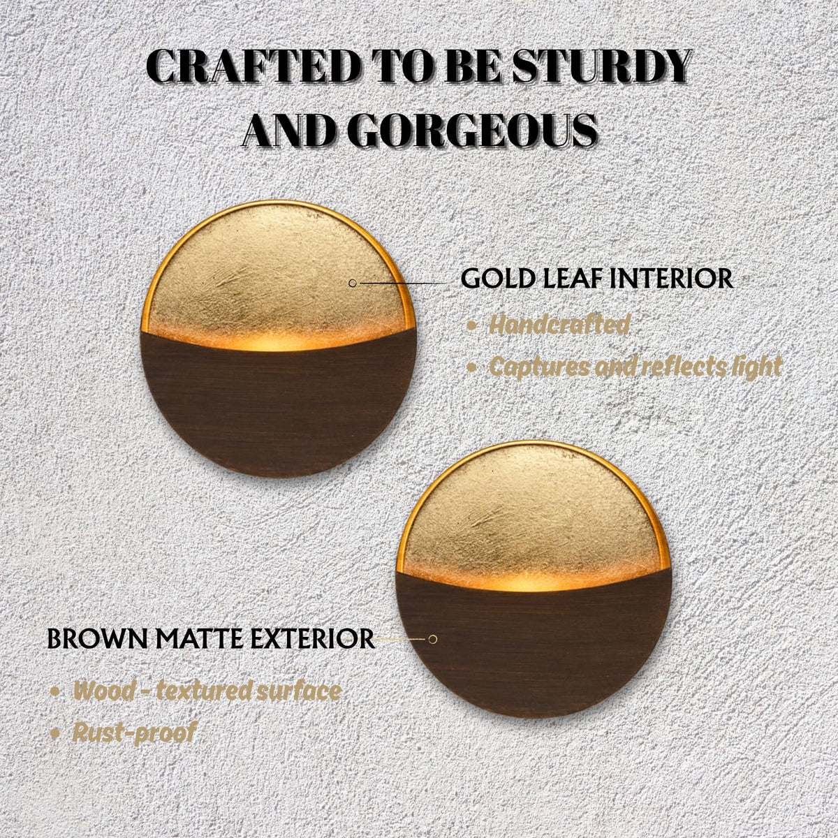 Eclipse Wall Candle Holder Set of 2, Metal Candle Sconces with Brushed Wood Grain and Gold Interior, Christmas Wall Decor for Living Room, Bedroom, and Modern Farmhouse