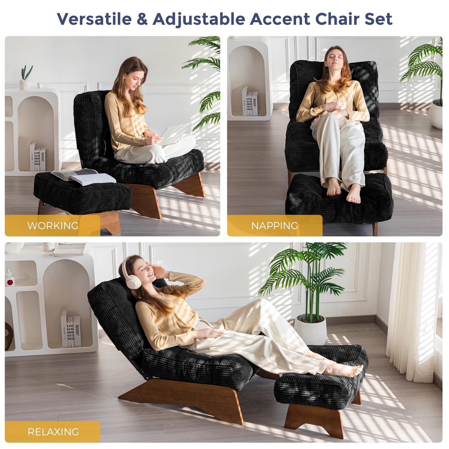 MAXYOYO Accent Chair with Ottoman Adjustable Backrest, Tufted Living Room Chair Upholstered Lounge Chair with Footrest Set, Modern Chair Cozy Reclining for Reading Room, Black