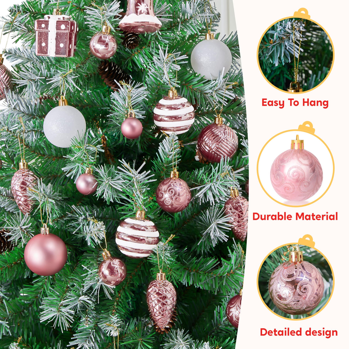Joiedomi 66 Pcs Pink Christmas Balls Ornaments Set, Christmas Tree Ornaments Shatterproof Plastic for Xmas Hanging Decoration, Holiday Party Decoration