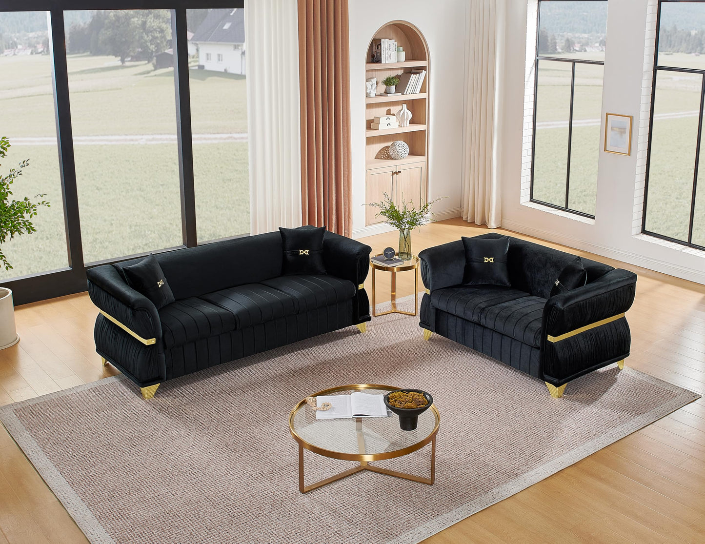 KEIKI 2-Piece Luxury Chesterfield Sofa Set with 1 Velvet 3-Seater Sofa & 1 Loveseat Sofa, Modern Style 5-Seater Couch Set with 4 Pillow & Rolled Arms & Tapered Gold-Tone Legs, for Living Room, Black