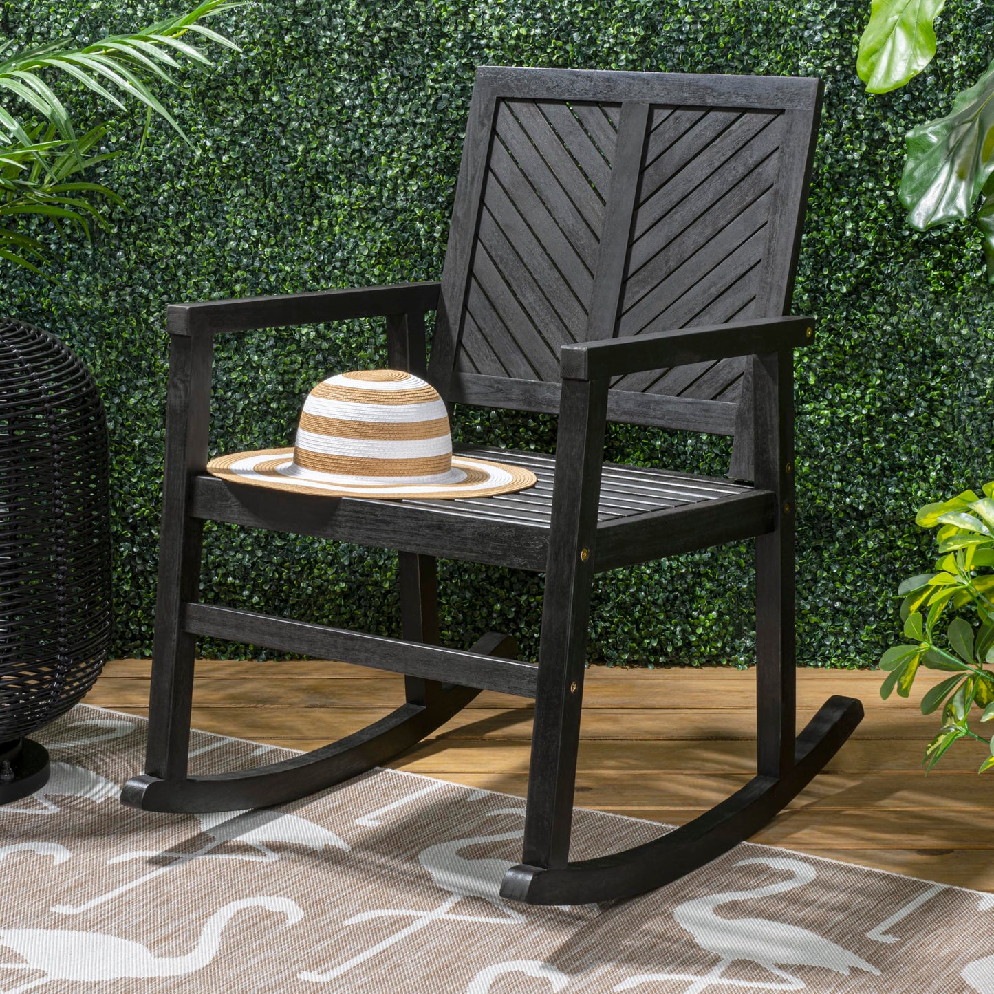 JONATHAN Y Ned Solid Acacia Wood Outdoor Rocking Chair, All-Weather Chevron High Back Porch Rocker for Patio, Deck and Garden, Farmhouse Black Finish Wood Armchair, 35" Height RCK100C