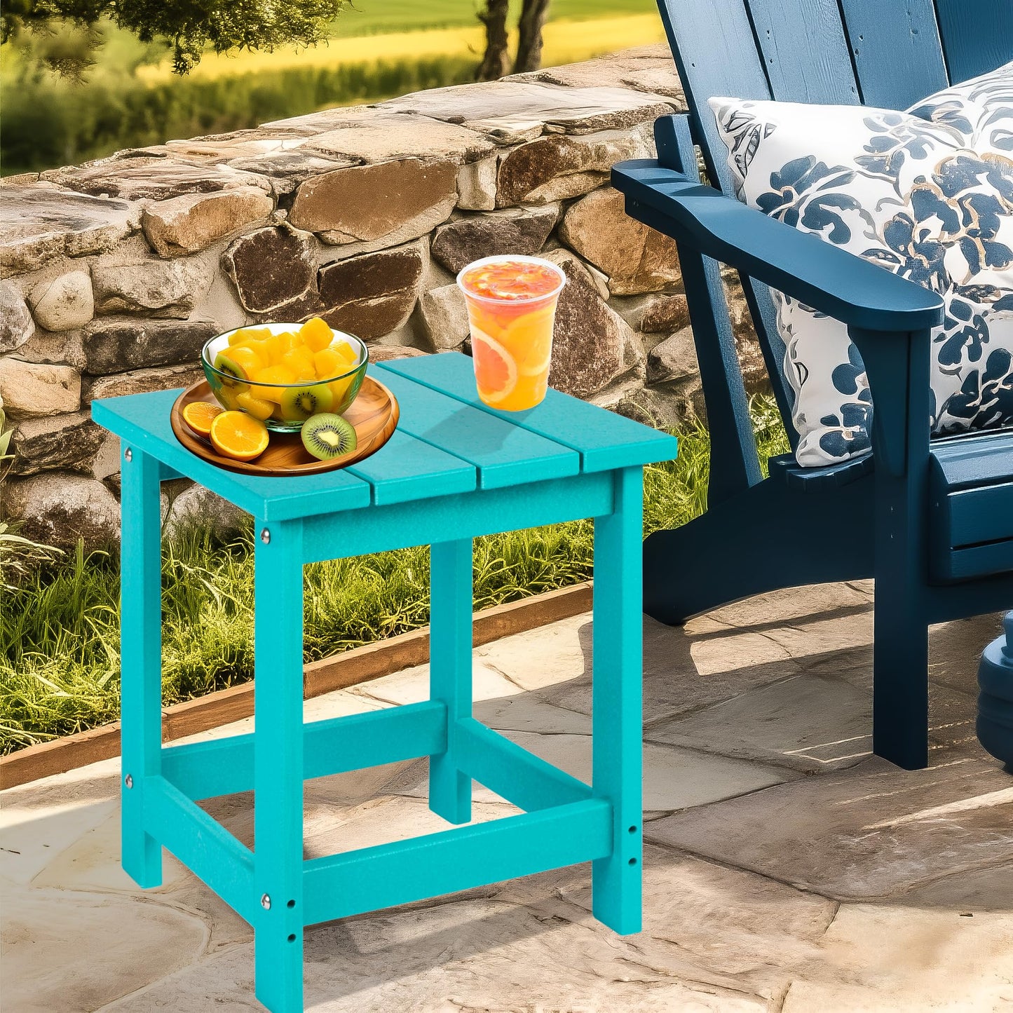 LZRS Square Patio Side Table, Heavy Duty HDPE Outdoor End Table with Wood Texture, Weatherproof Composite Table for Adirondack Chairs, Deck, Pool, Indoor/Outdoor, No Peeling or Cracking(Turquoise)