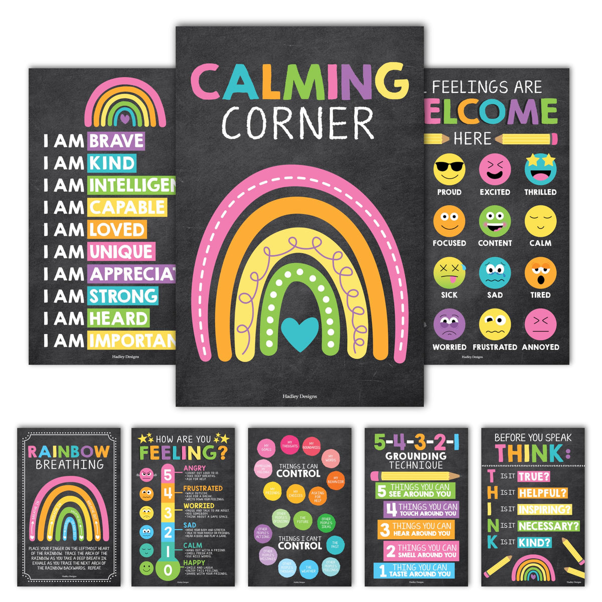 Hadley Designs 8 Calming Corner Posters for Classroom Must Haves -Calm Down Corner Supplies with Emotion Chart,School Counselor Mental Health Poster,Feelings Chart For Kids, Chalkboard Classroom Decor