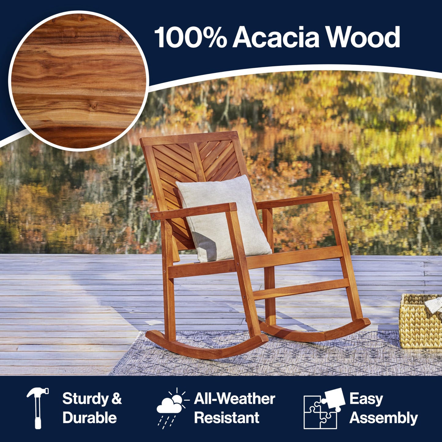 JONATHAN Y Ned Solid Acacia Wood Outdoor Rocking Chair, All-Weather Chevron High Back Porch Rocker for Patio, Deck and Garden, Farmhouse Teak Finish Wood Armchair, 35" Height RCK100A
