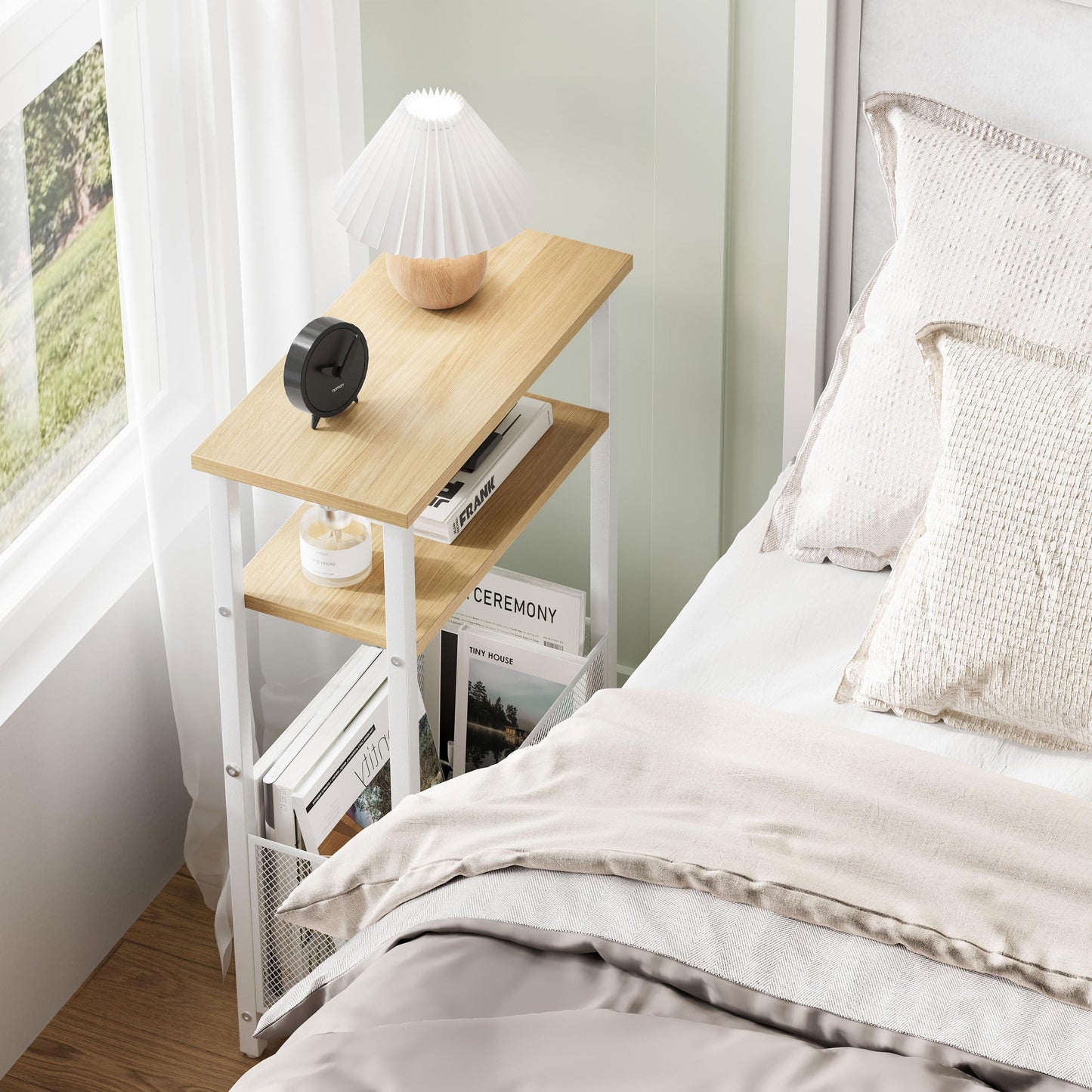 MMEOLUOOK Narrow Side Table with Storage Basket Skinny End Tables for Smalls Spaces 3 Tier Sofa Table Small Nightstand Slim Bedside Table for Living Room Bedroom Natural Wood MLBZ22Y