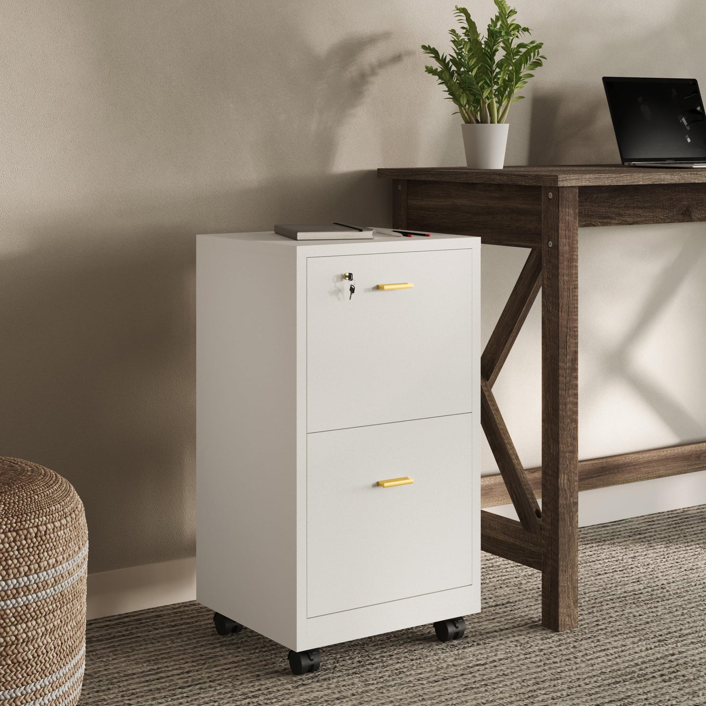 Lavish Home 2 Drawer File Cabinet - Filing Cabinet with Lock - Rolling File Cabinet for Under Desk Storage - Wood Filing Cabinet for Home or Office Organization (White)