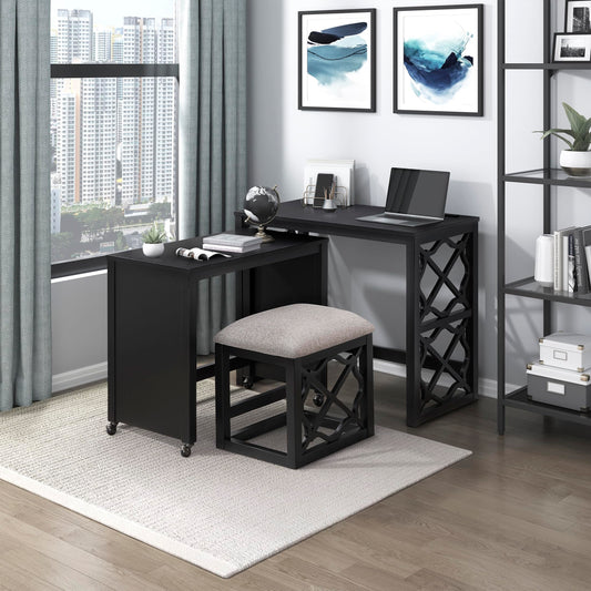 Lexicon Space-Saving Home Office Wood Desk Set, Modern Makeup Vanity Desk with Padded Vanity Stool, USB Charging Port, Nesting Table, Rolling Small Computer Table for Writing/Study/Bedroom, Black