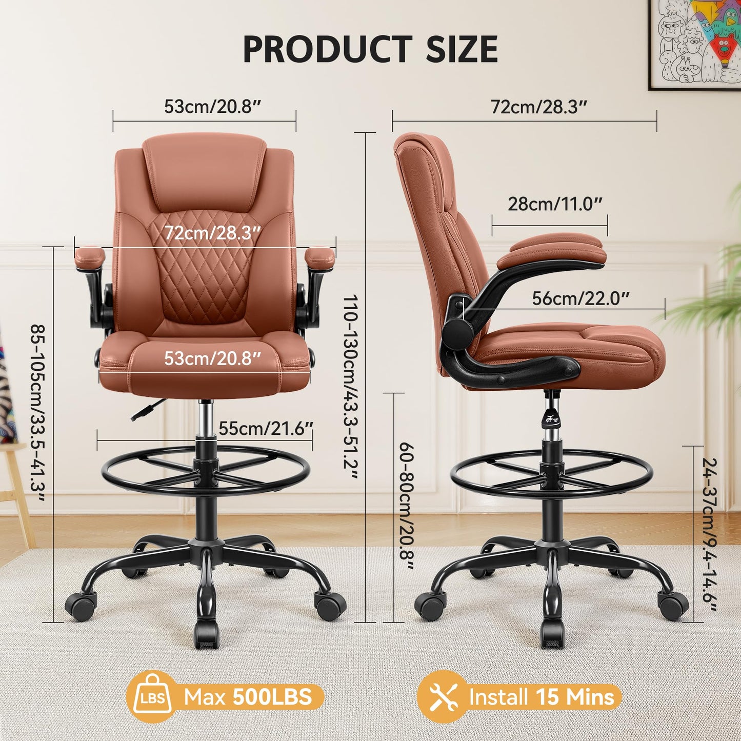 Drafting Chair, Tall Office Chair for Standing Desk, High Executive Leather Ergonomic Computer Chair with Adjustable Height and Flip-Up Armrest for Counter Height Desk, Brown, Pack of 1