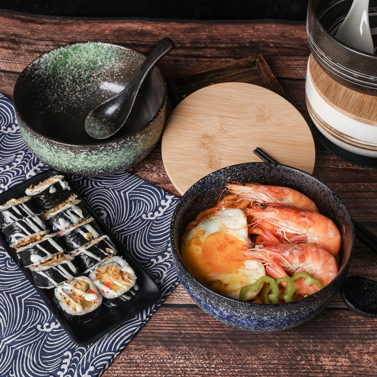 Cteaffee Ceramic Ramen Bowl Set, 38 OZ, Japanese Style, Durable, Microwave & Dishwasher Safe, Includes Spoon & Chopsticks (6), Blue