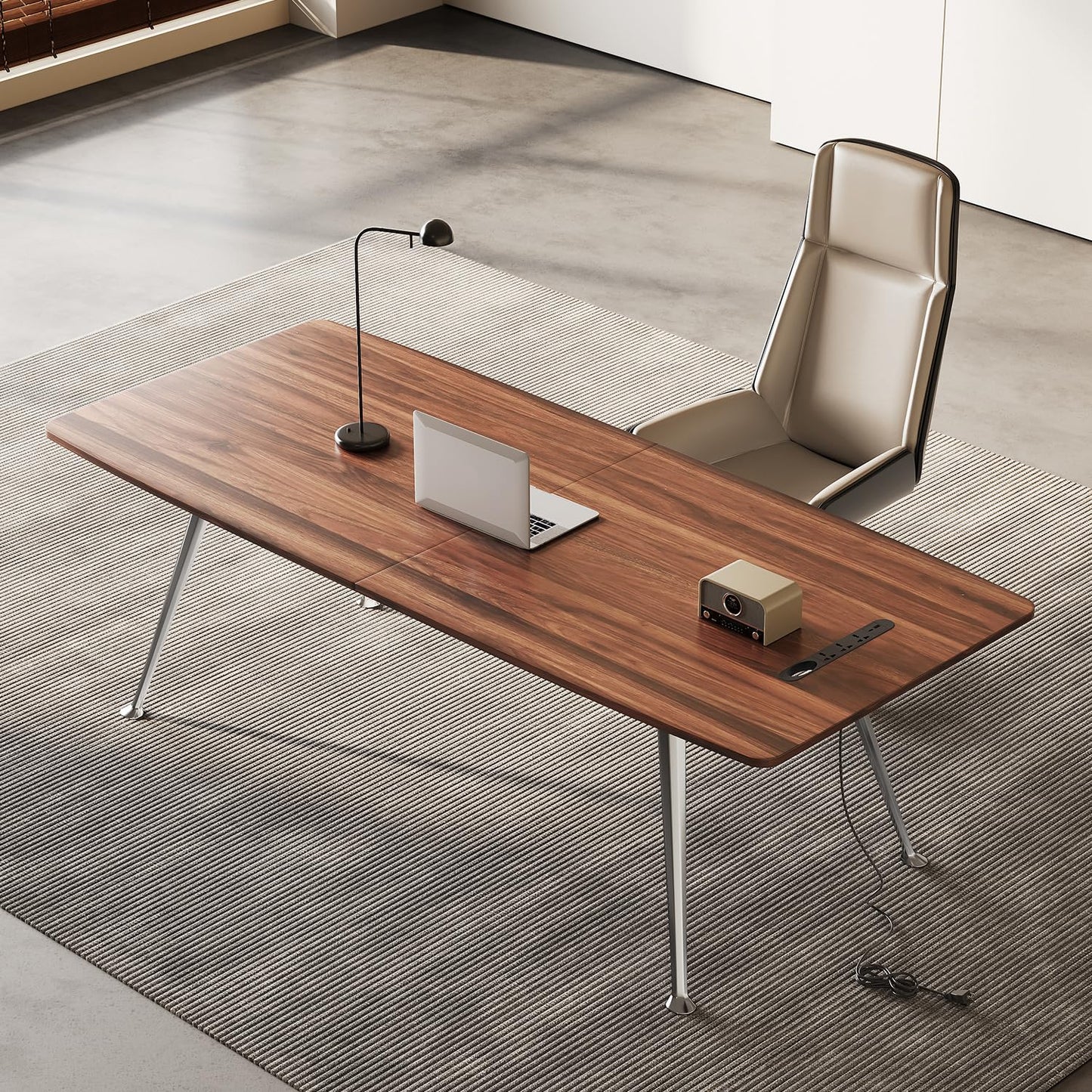 60-Inch Executive Desk, Modern Desk for Home Office, Wooden Study Writing Work Table with Power Outlets and USB-C Port, Large Legroom, Sturdy Metal Frame, Mid-Century Modern Simple, Walnut Brown