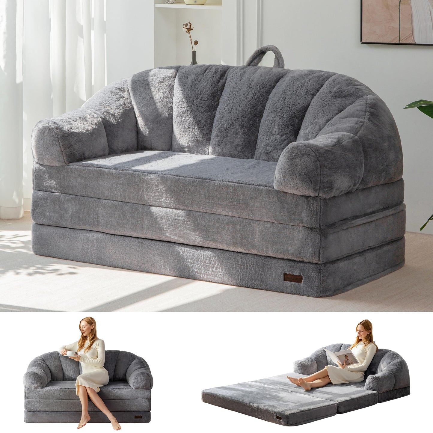 MAXYOYO Folding Sofa Bed, 2 in 1 Convertible Sofa to Lounger Comfy Loveseat Bean Bag Chair for Adults, Floor Couch with Handle, Faux Fur Couch Bed for Living Room Bedroom, Grey, Loveseat