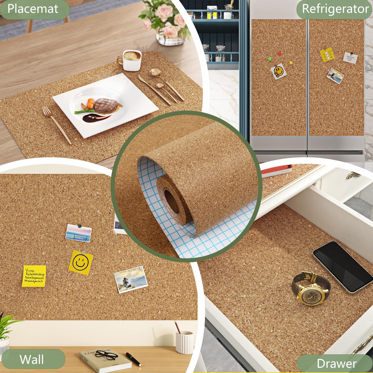 ReWallpaper Cork Board Roll Peel and Stick 3mm Thick Self Adhesive Cork Sheet Easy Cut Bulletin Board for Wall Crafts DIY Coasters Shelf Drawer Liner Home Office School Notes Photos Use 12in x 3.9ft
