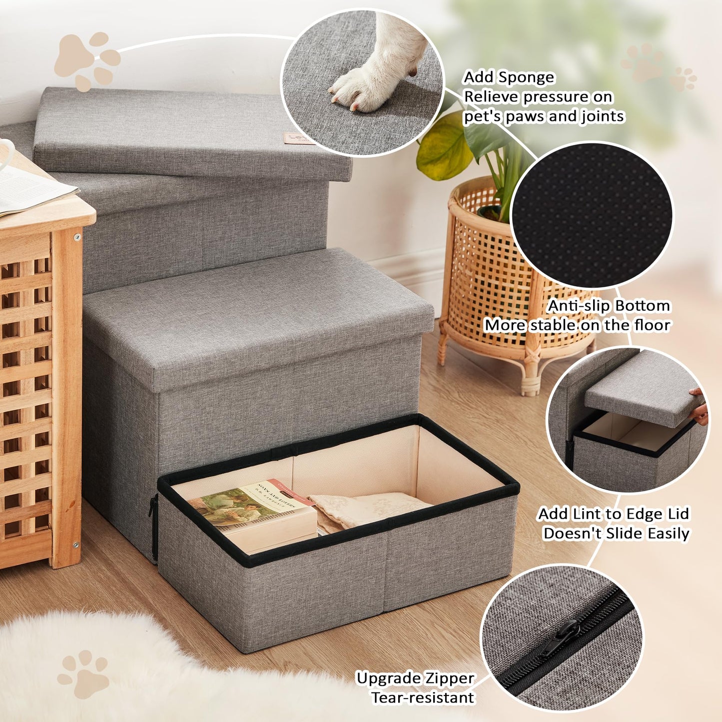 Love's cabin Dog Stairs for High Bed 18" H, Foldable Pet Stairs for Small Medium or Large Dogs Puppy with Storage for Bed or Couch, Cat Dog Steps Ramp with Zip up to 200 lbs, Solid Grey, 3 Steps