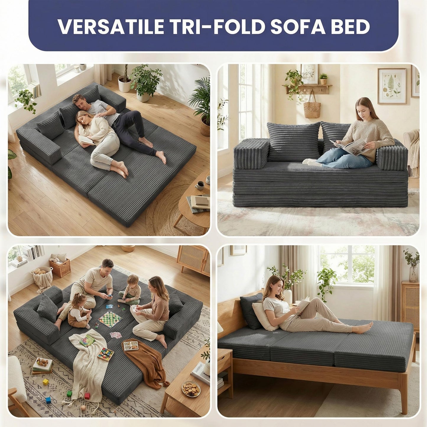 Winzoo Convertible Sofa Bed, 4-in-1 Boneless Loveseat with Removable Armrests Backrest, Corduroy Futon Couch Bed with Pillow, Foldable Mattress Sleeper Sofa for Living Room Bedroom Small Place (Grey)