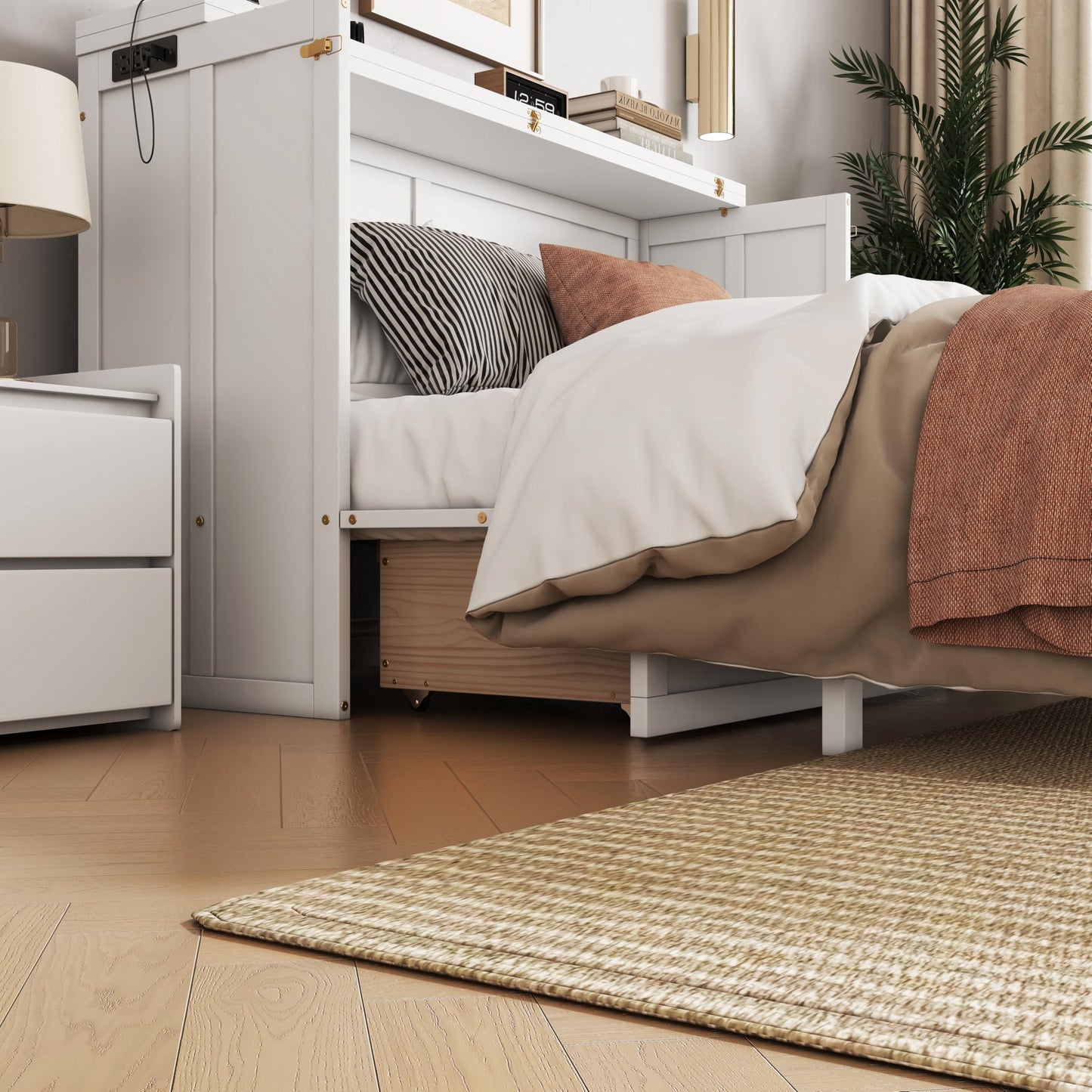 KEIKI Queen Murphy Bed Cabinet with Storage Drawer and Charging Station, USB Port, Solid Pine Murphy Bedframe for Home Office, Studio or Guest Room,White