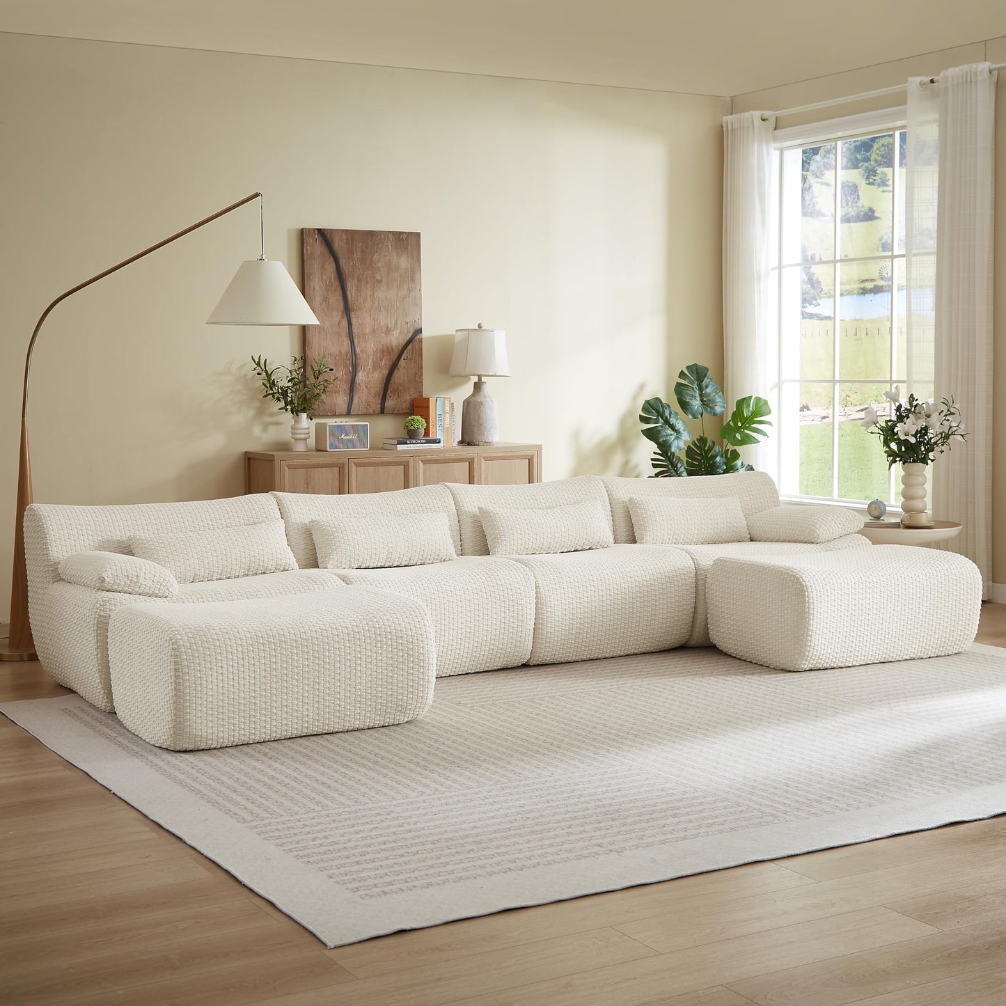 142" Oversized Cloud Sectional Couches Boneless Sofa for Living Room, Fluffy Corduroy Upholstered Corner Couch, Deep Seat Large Modular Sectional Sofa with Ottomans for Living Room