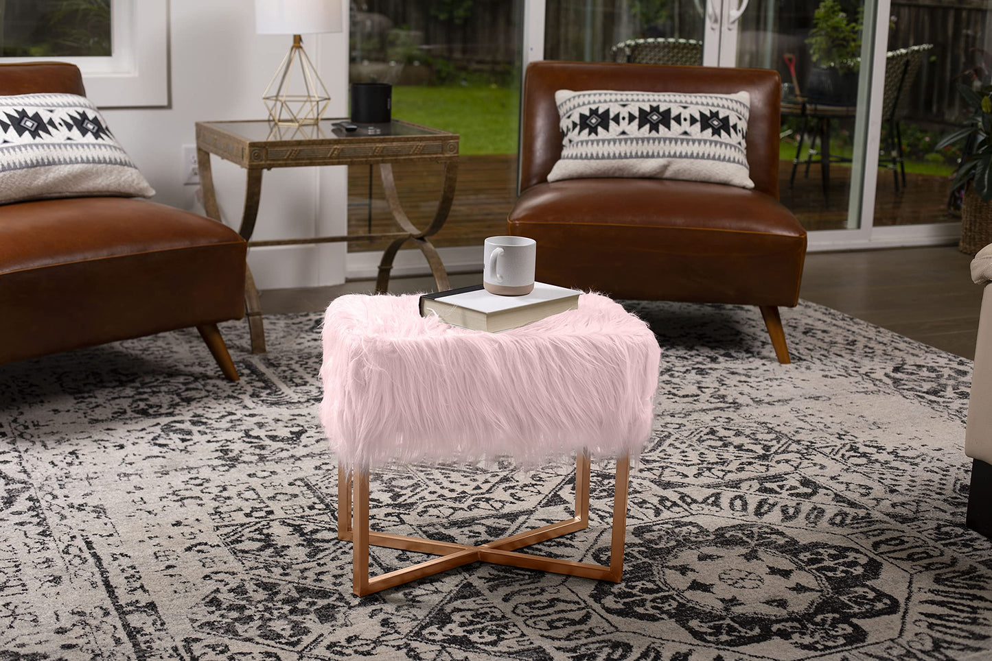 BIRDROCK HOME Rectangular Faux Fur Vanity Foot Stool Ottoman with Metal Legs - Small Soft Padded and Fluffy Makeup Seat or Foot Rest for Bedroom, Desk, or Dressing Table (Pink and Pale Gold)