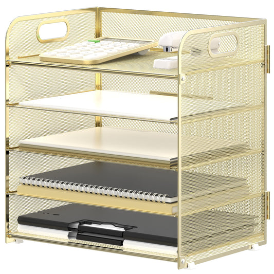 Supeasy 5 Trays Paper Organizer Letter Tray with Handle-Mesh Desk File Organizer, Paper Sorter Desk Organizer for Office, Home or School (Golden)