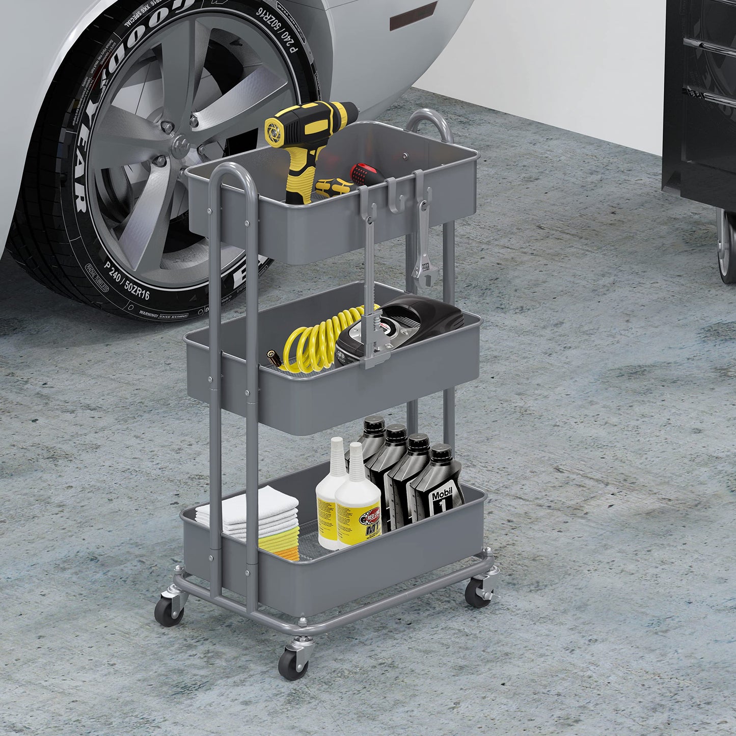 Simple Houseware 3-Tier Heavy Duty Metal Utility Rolling Cart, Silver
