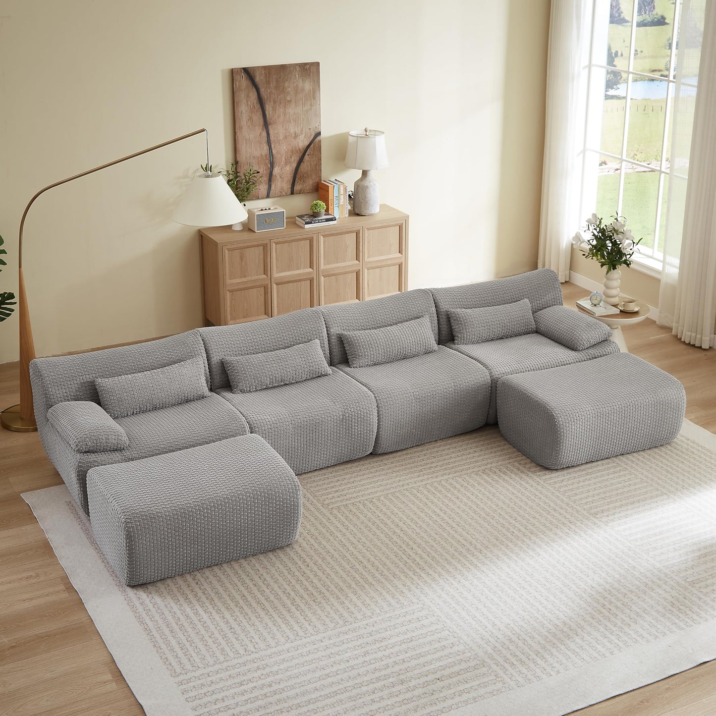 142" Oversized Cloud Sectional Couches Boneless Sofa for Living Room, Fluffy Corduroy Upholstered Corner Couch, Deep Seat Large Modular Sectional Sofa with Ottomans for Living Room
