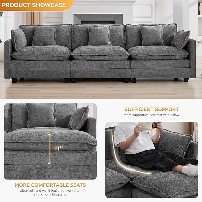 111'' Sectional Cloud Deep Seat Couch, Modern Comfy Chenille Modular Sectional