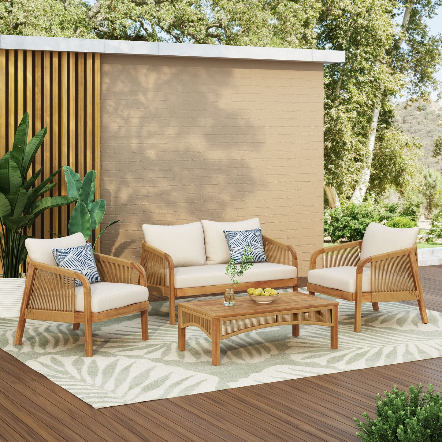 Christopher Knight Home 4 Piece Acacia Wood Patio Furniture Set Outdoor Conversation Set with Coffee Table Deep Seating Cushioned Chairs for Backyard Porch Balcony Beige Cushion & Teak Frame