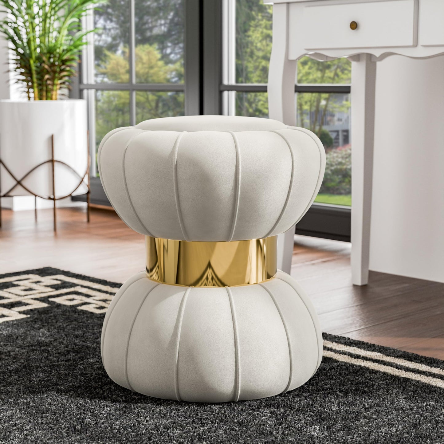 Furniture of America Magnus Modern 15-inch Upholstered Ottoman with Hourglass Shape and Stainless Steel Gold Trim, Vanity Stool Chair, Small Foot Stool for Bedroom, Living Room, Entryway, White