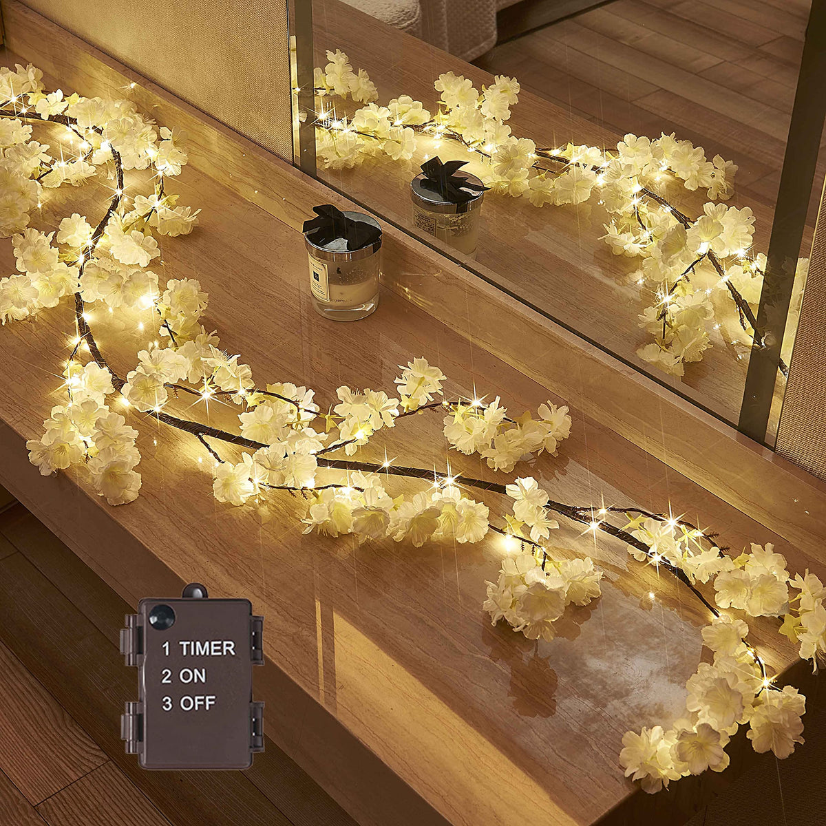 Hairui Cherry Blossom 96 LED Fairy Lights 6FT Garland, White, Battery Operated with Timer for Indoor/Outdoor Decor
