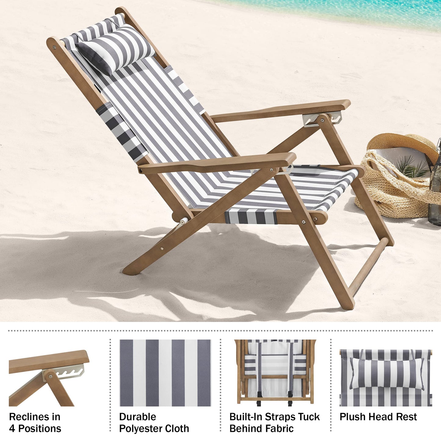 Lavish Home Beach Chair - Outdoor Weather-Resistant Wood Folding Chair with Backpack Straps - 4-Position Reclining Seat - Beach Essentials (Gray)