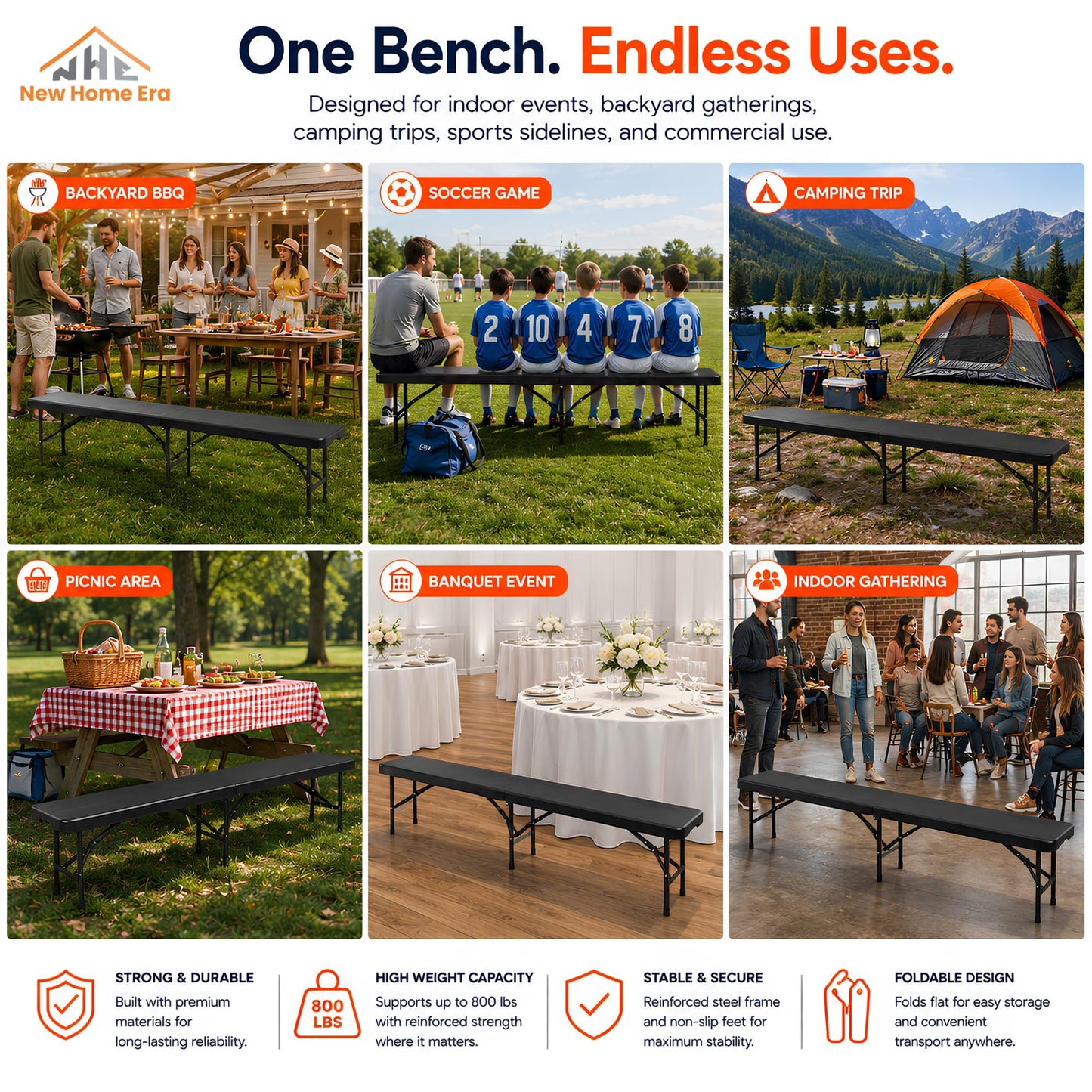 New Home Era Plastic Folding Bench - Portable Bench Used for Indoor, Outdoor, Picnic, Party, Camping, Dining Seat, Garden Soccer Multipurpose Entertaining Activities, White (1, Black, 8 Feet)