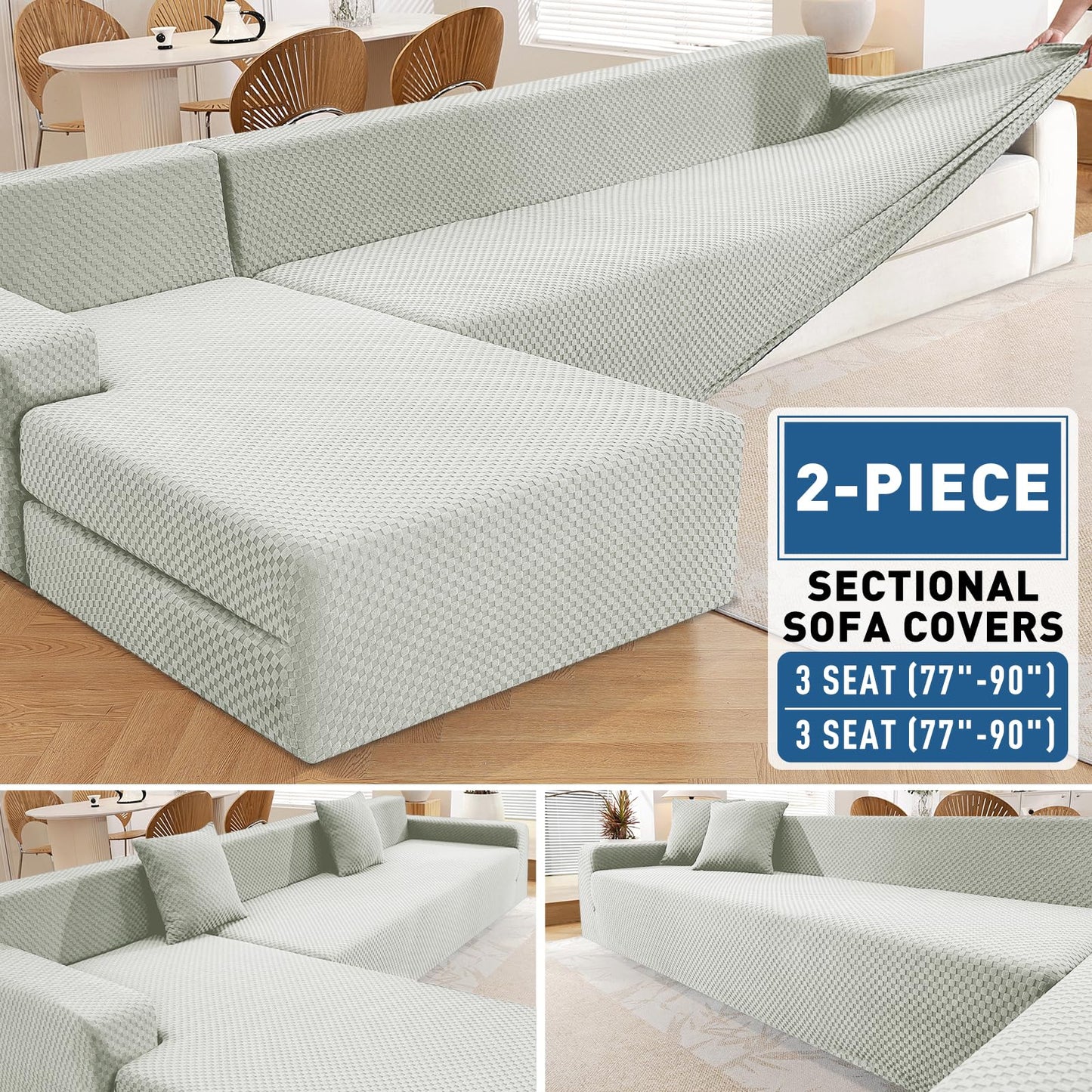 ZNSAYOTX Sectional Couch Covers, Stretch Jacquard Slipcovers with Elastic Bottom for L-Shape Sectional Sofa, 2 Pcs Pet Friendly Comfort Modular Sofa Protector (3 Seat Couch + 3 Seat Chaise, Ivory)
