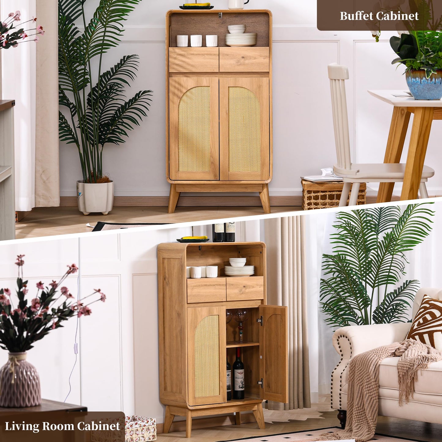 GlowVitaHome 45" H Tall Buffet Cabinet with Adjustable Shelves, Modern Accent Sideboard with Doors and Drawers, Kitchen Storage and Coffee Bar Cabinet for Living Room,Dining Room, Entryway
