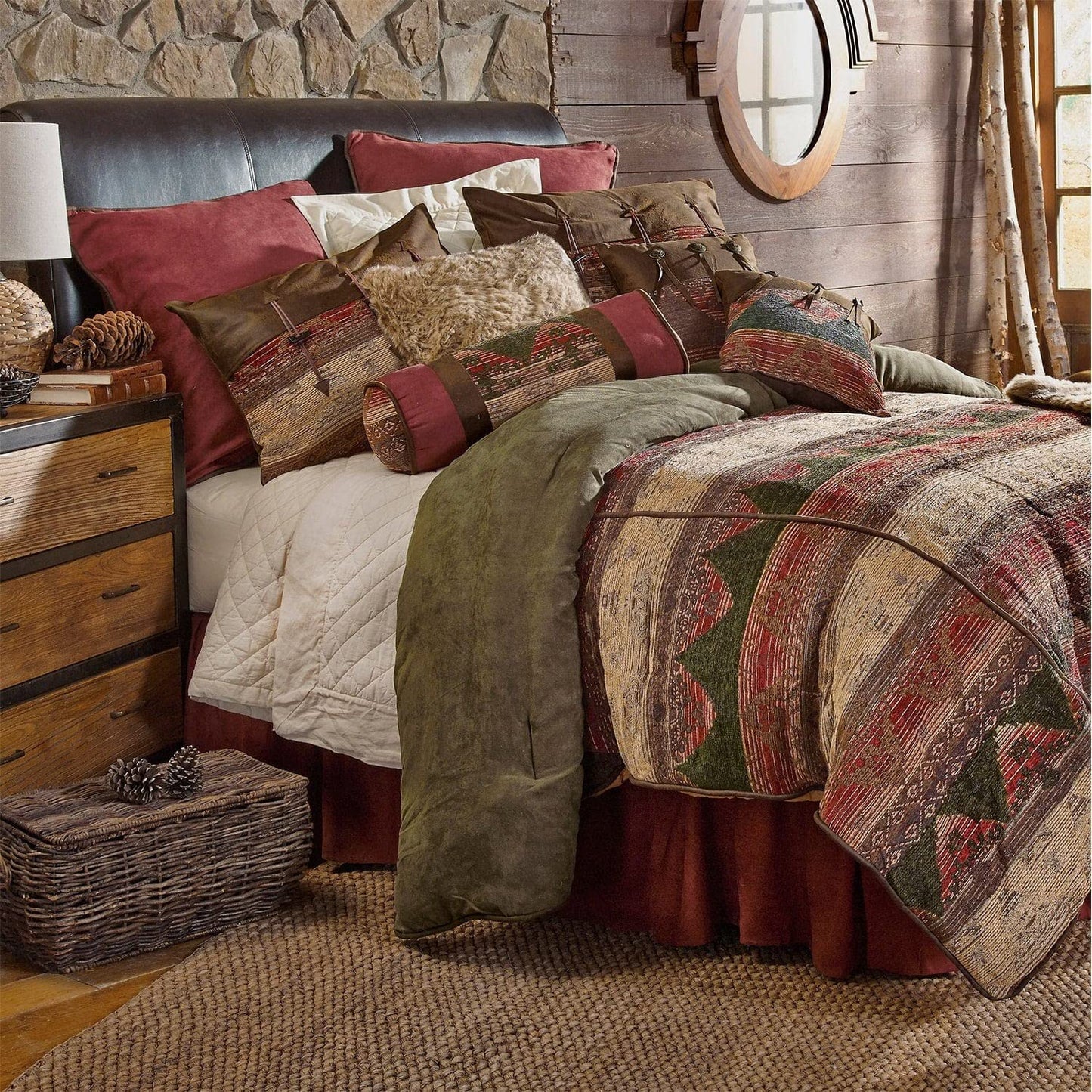Paseo Road Sierra Western Bedding 7 Piece Queen Comforter Set, Faux Suede Chenille Jacquard Southwestern Bedding, Rustic Comforter Set with Bed Skirt, Shams, Accent Pillows
