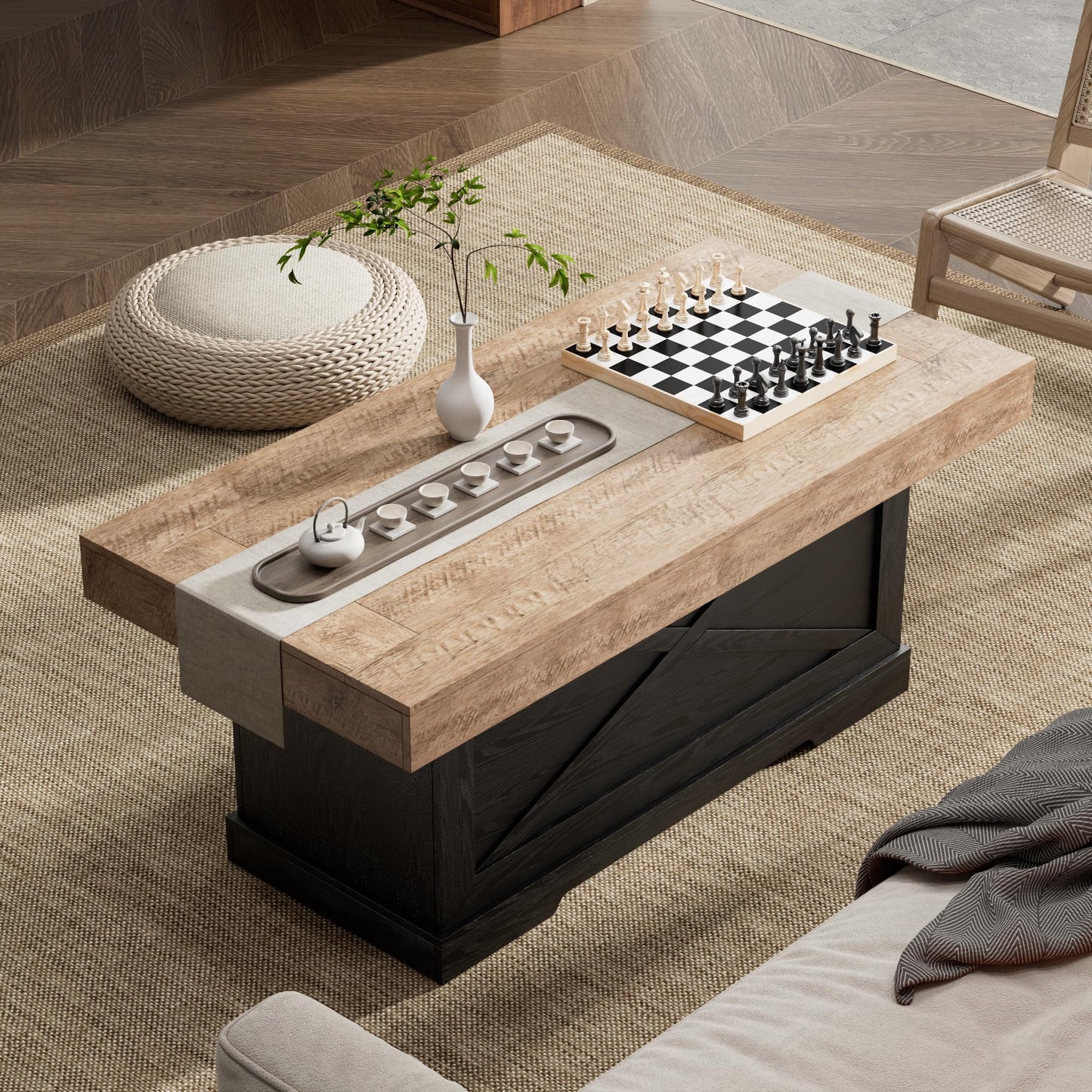 Lareth Coffee Table 39 in Rustic Center Table with X-Design Wooden Pedestal for Living Room, Space Saving, Rectangle Home Office Tea Accent Table for Apartment, Dark Oak Black