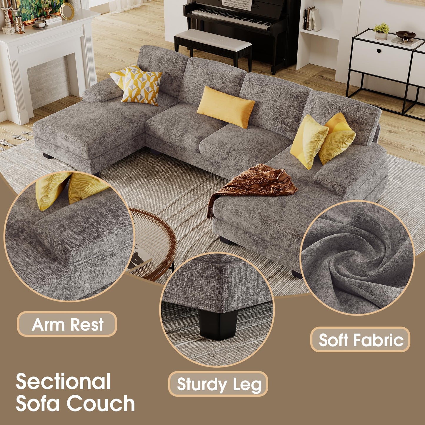 Furmax Sectional Couches for Living Room, U-Shaped Sofa Couch with Linen Fabric, 4 Seat Sofa Set with Double Chaise for Apartment (Chenille, Grey)
