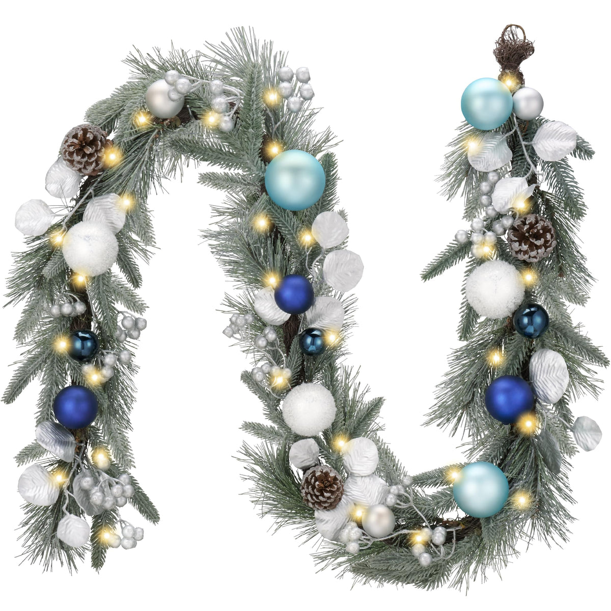 Valery Madelyn 6 Ft Pre-Lit Christmas Garland with Lights for Mantle, Lighted Outdoor Xmas Garland with Silvery Blue Balls Norfolk Pine for Home Stairs Fireplace Table Centerpiece Indoor Holiday Decor