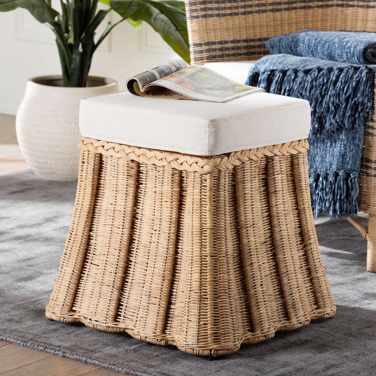 Bali & pari Rotem Natural Rattan Ottoman with Cushion - Handwoven Wicker Pleated Skirt Accent Coffee Table or Extra Seating for Living Room or Sunroom, Small