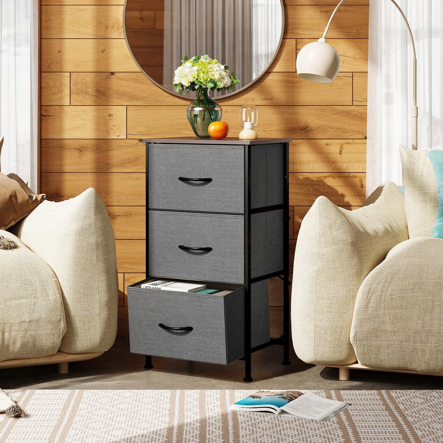 WLIVE Dresser with 3 Drawers, Fabric Nightstand, Organizer Unit, Storage Dresser for Bedroom, Hallway, Entryway, Closets, Sturdy Steel Frame, Wood Top, Easy Pull Handle, Dark Grey