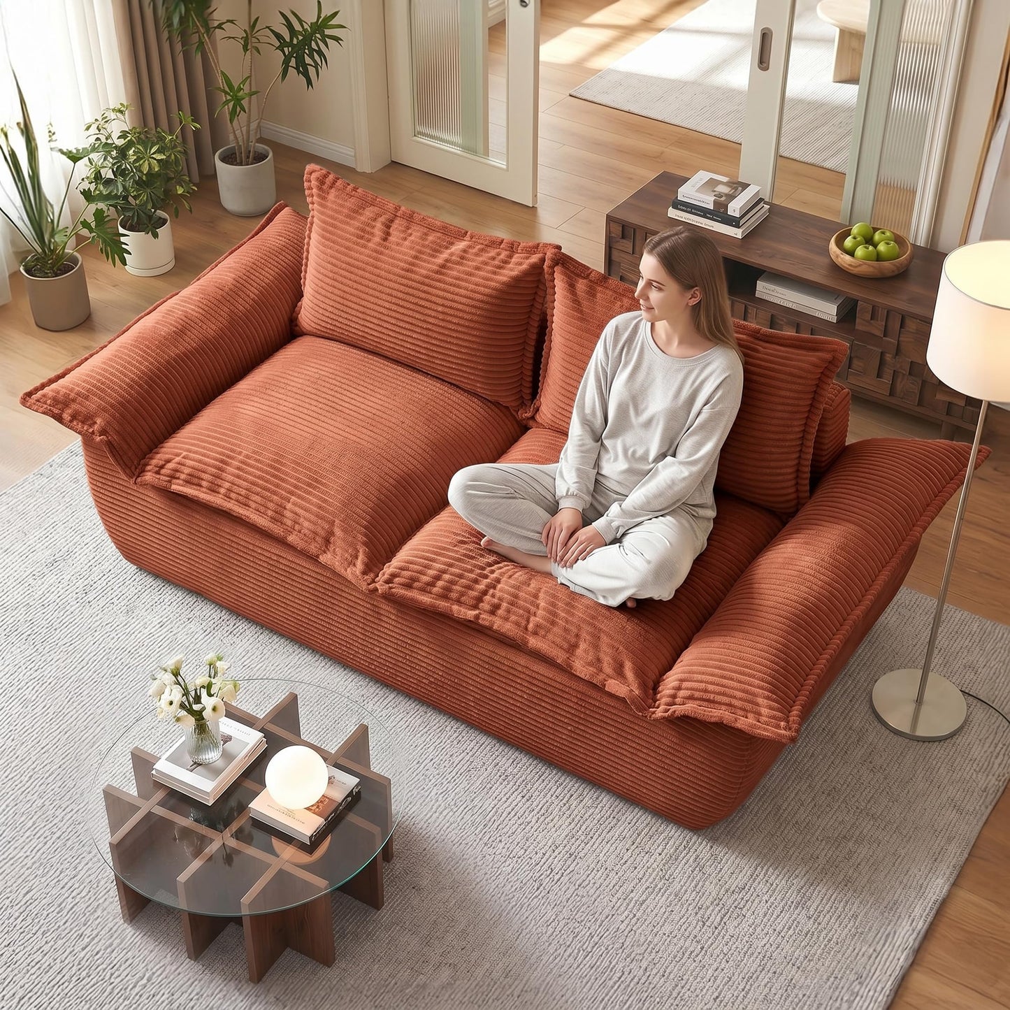 JUIKURY 55" Convertible Corduroy Sofa Bed, Boneless Foldable Loveseat Sleeper Couch, Compressed Foam Floor Sofa with Removable Cushions & Pillows for Small Space Living Room