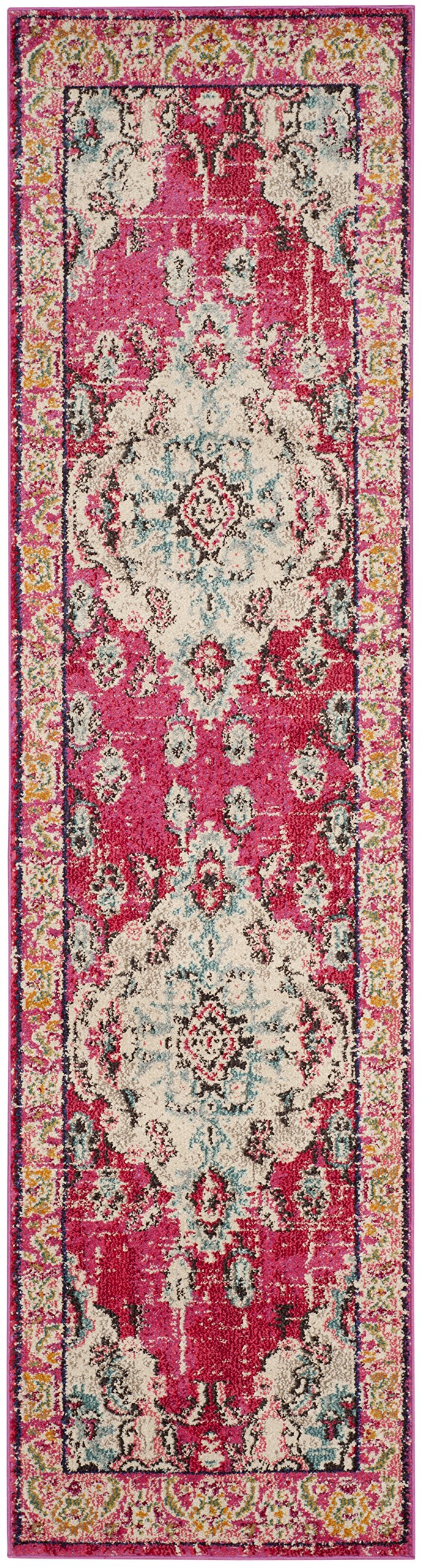 SAFAVIEH Monaco Collection Runner Rug - 2'2" x 14', Pink & Multi, Non-Shedding & Easy to Clean, Distressed Medallion Design, Ideal for Hallway, Foyer, Entryway, Kitchen, Bedroom (MNC243D)