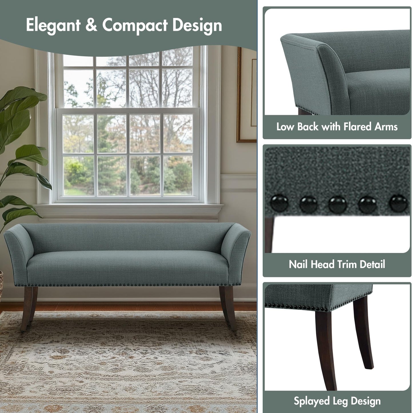 Madison Park Accent Bench, Upholstered with Nailhead Trim, & Padded Seat Entryway Bench Small, End of Bed Bench with Back, 49.5" W x 19.25" D x 23" H, Slate Blue
