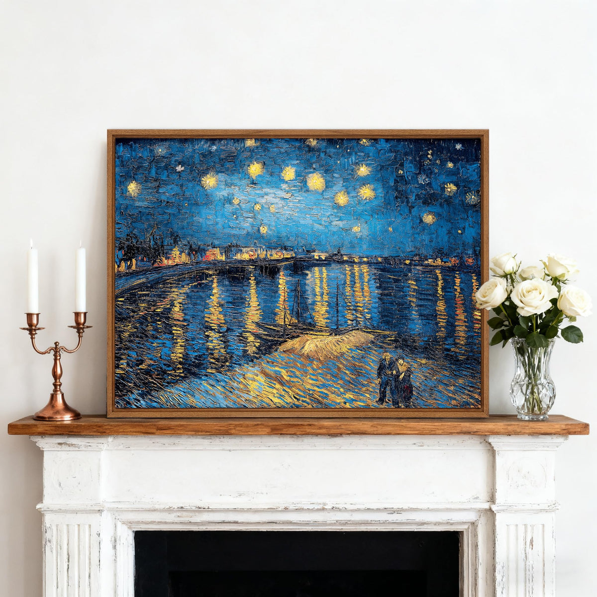 WENGTIAO Framed Canvas Wall Art Starry Night Over The Rhone by Van Gogh Oil Paintings Vintage Landscape Print Reproduction Retro Blue and Yellow Artwork Pictures for Living Room Bedroom Office Study 12”x16”
