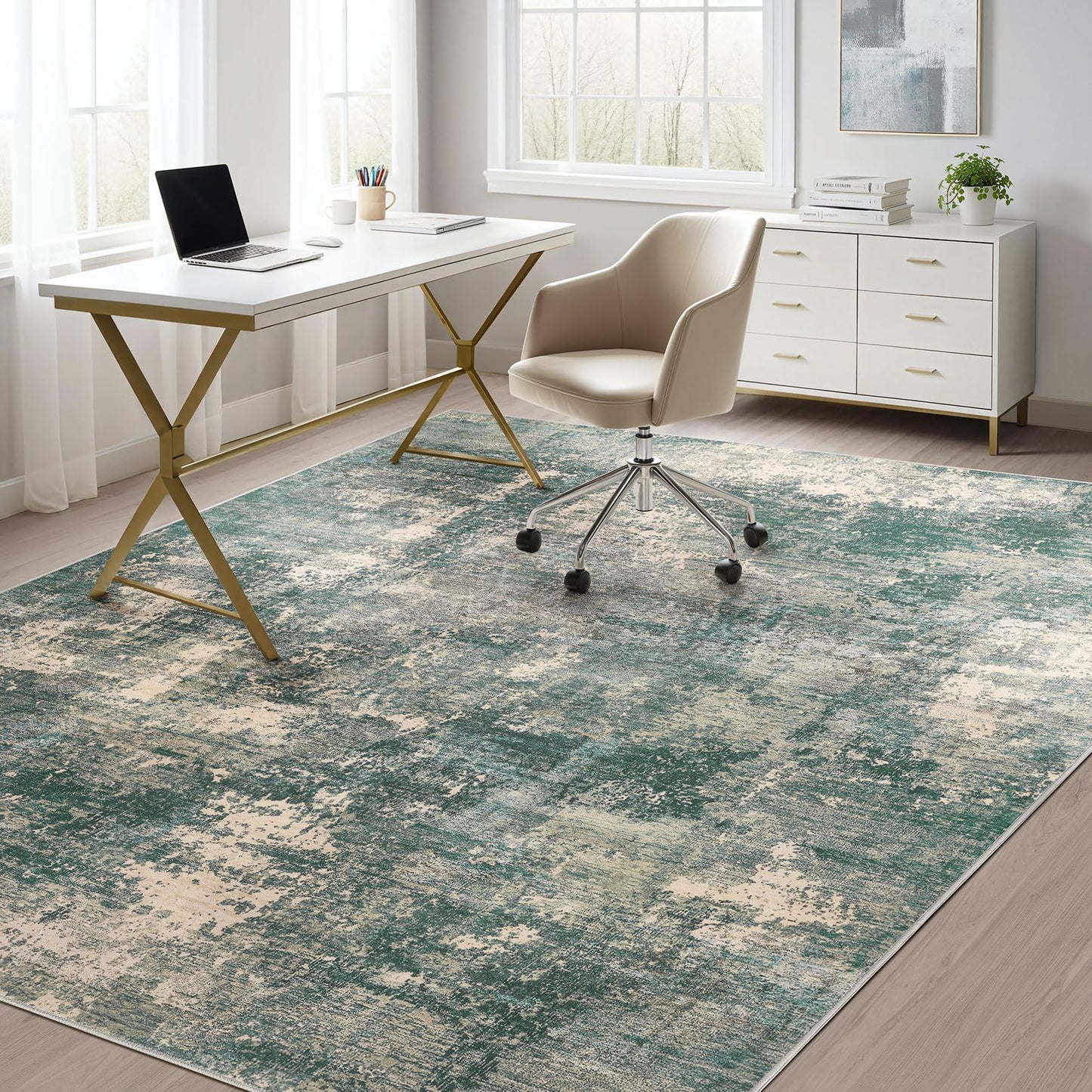 TARANCH Abstract 10x14 Area Rug: Machine Washable Non Slip Ultra Thin Low-Pile Carpet, Soft Stain Resistant for Living Dining Room Bedroom, Kid Pet Friendly, Robot Vacuum Compatible - Dark Green/Beige