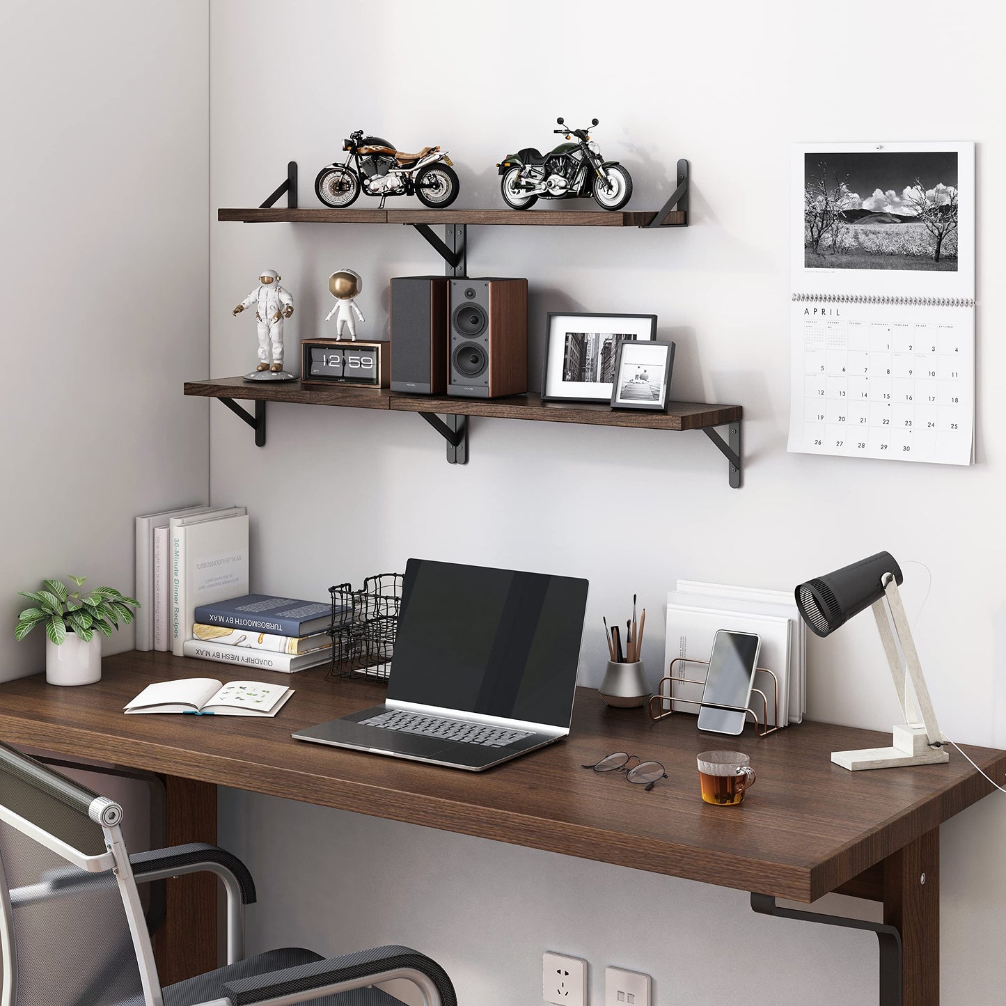 YGEOMER Wall Shelves, 4pcs Different Sizes Dark Carbonized Brown Floating Shelves for Decor