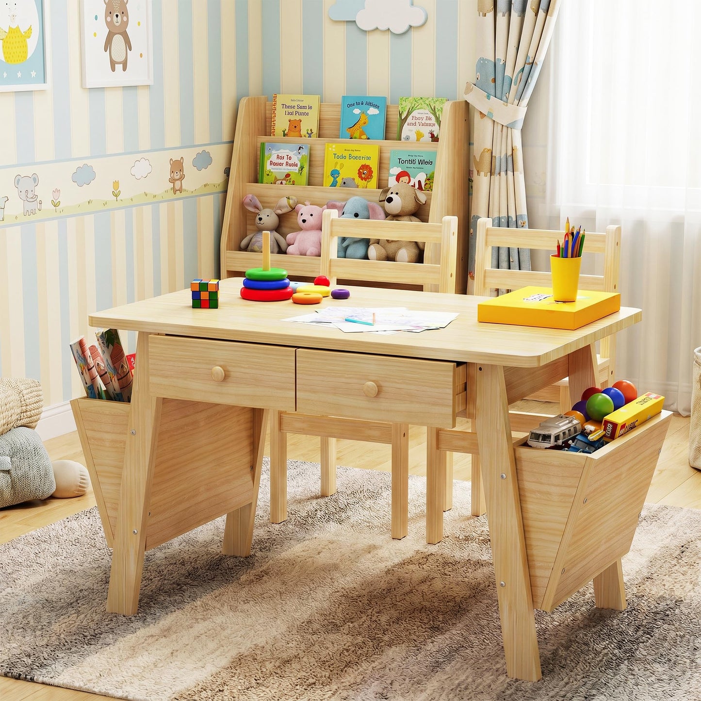 Beskadi Solid Pine Wood Table and 2 Chairs Set, Desk with Storage Bins, Premium Quality Wooden Table and Chair Set for Bedroom &Home - Boho Desks