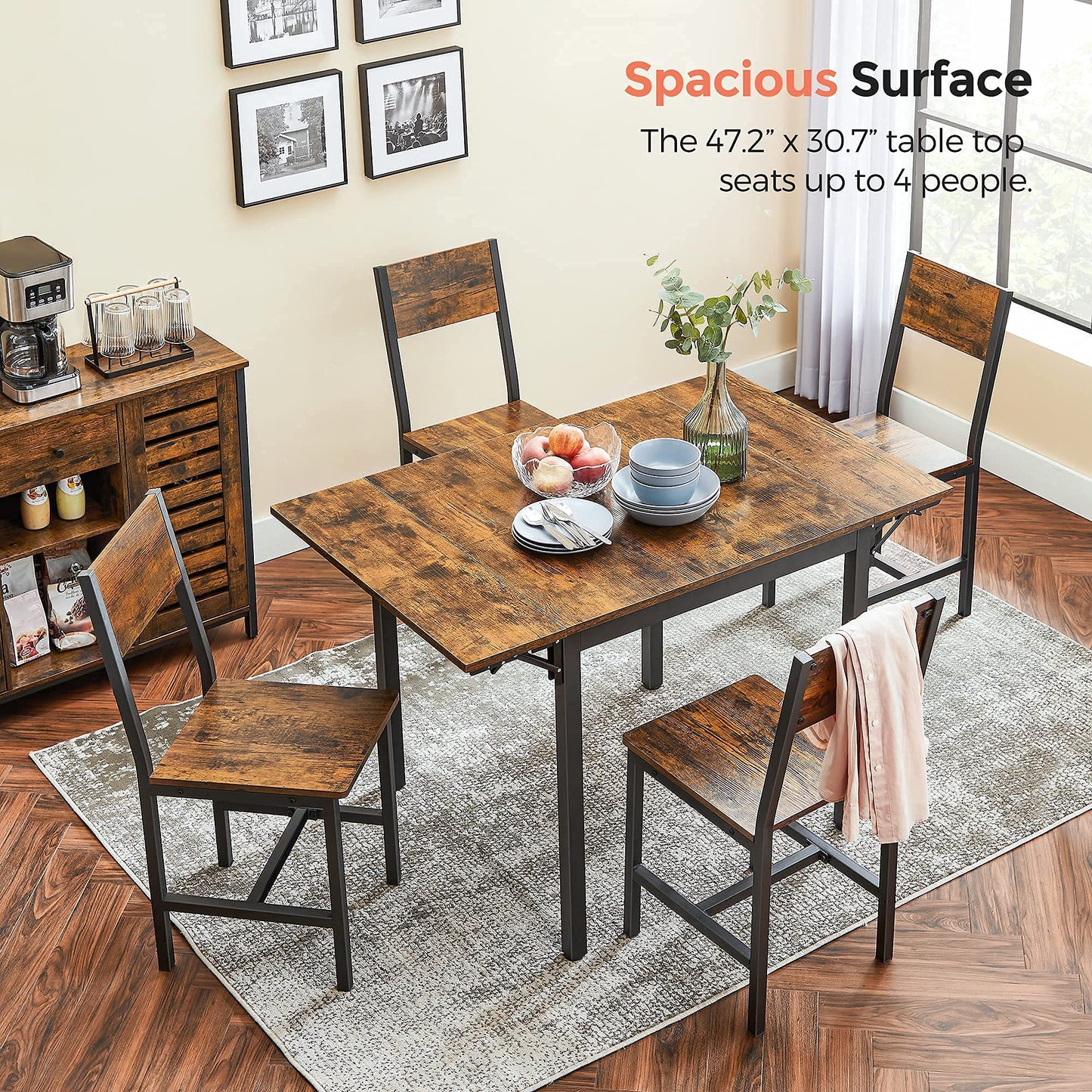 VASAGLE Folding Dining Table, Kitchen Table, Drop Leaf Extendable Table for Small Spaces, Seats 2-4 People, Industrial, Rustic Brown and Black UKDT077B01