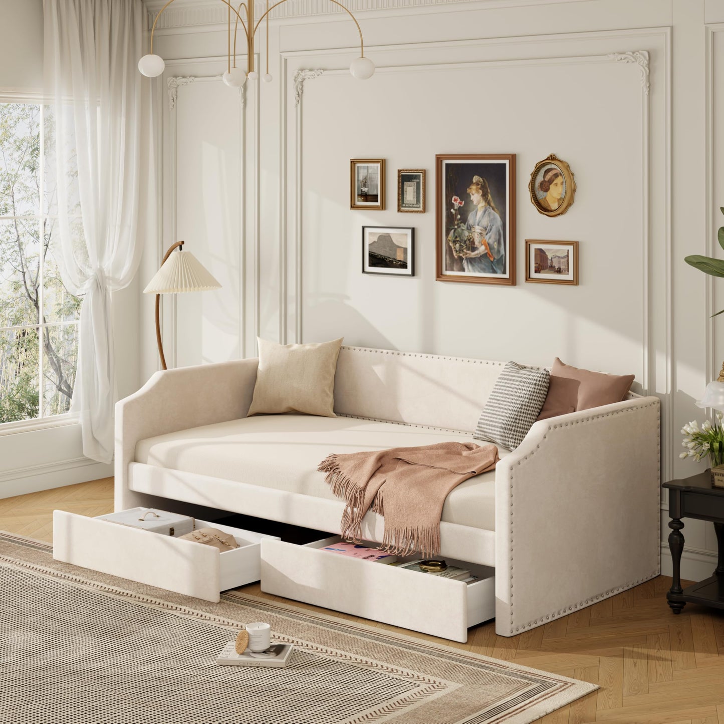 GDFStudio Twin Size Velvet Upholstered Daybed with Pop Up Trundle, Upholstered Sofa Bed Frame with Pull Out Trundle, Space Saving Daybed with Soft Velvet Finish, Beige
